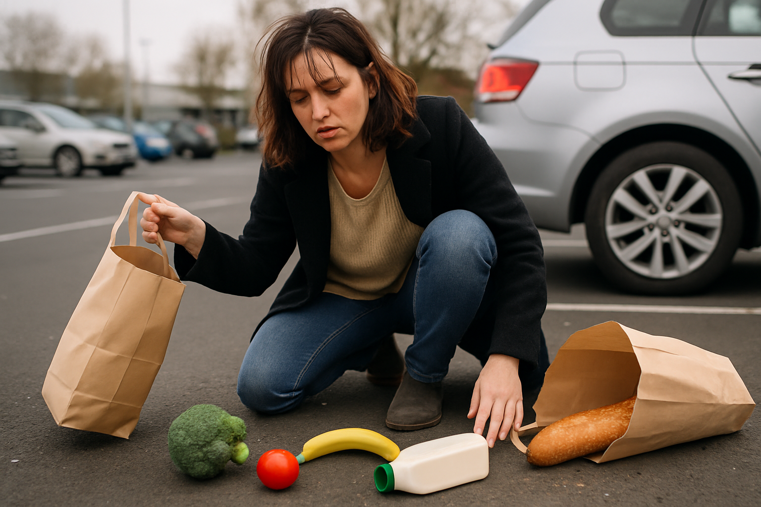 photographic Tired woman drops groceries in car park